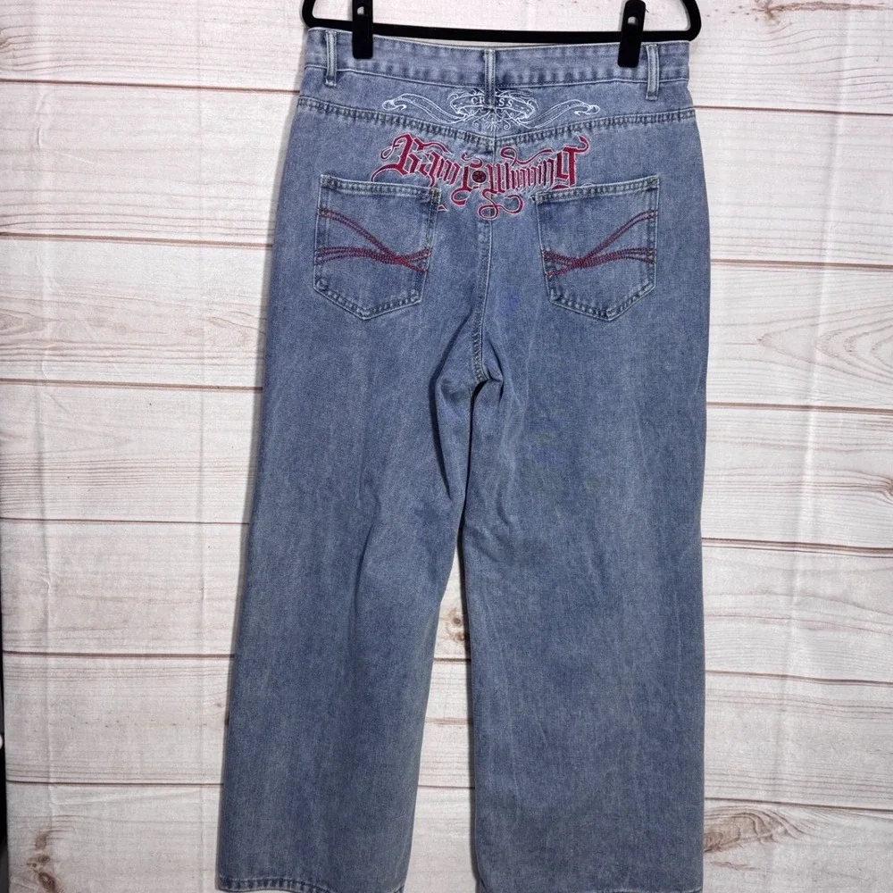 Romwe Womens XL Wide Leg Jeans Medium Wash Red Gothic Back Embroidery Y2K Style